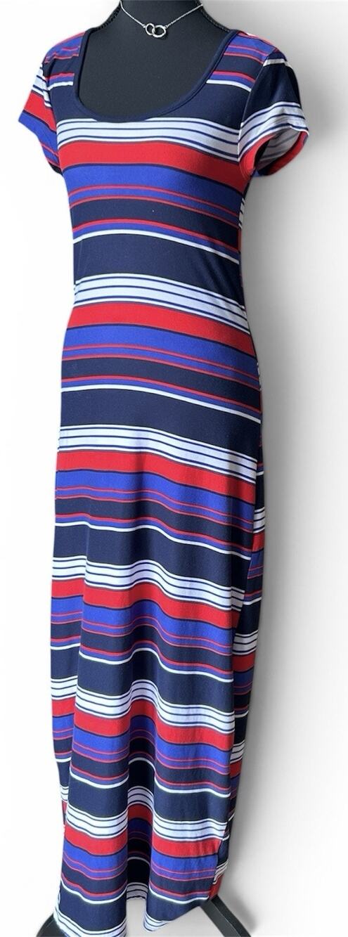 Derek Heart Striped Maxi Dress Med Blue Red White Jersey Knit Short Sleeve VGUC